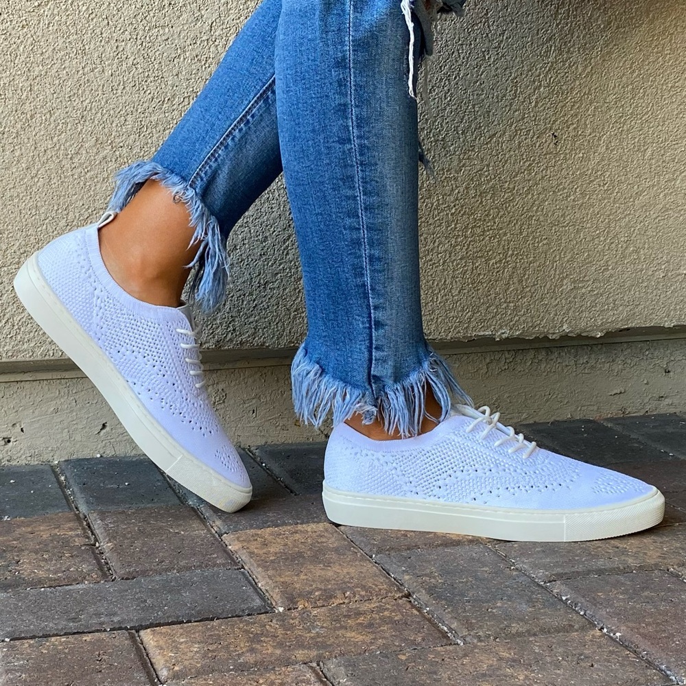 White Lace Up Brogue Fabric Knit Oxford Sneakers - Picture 7 of 16